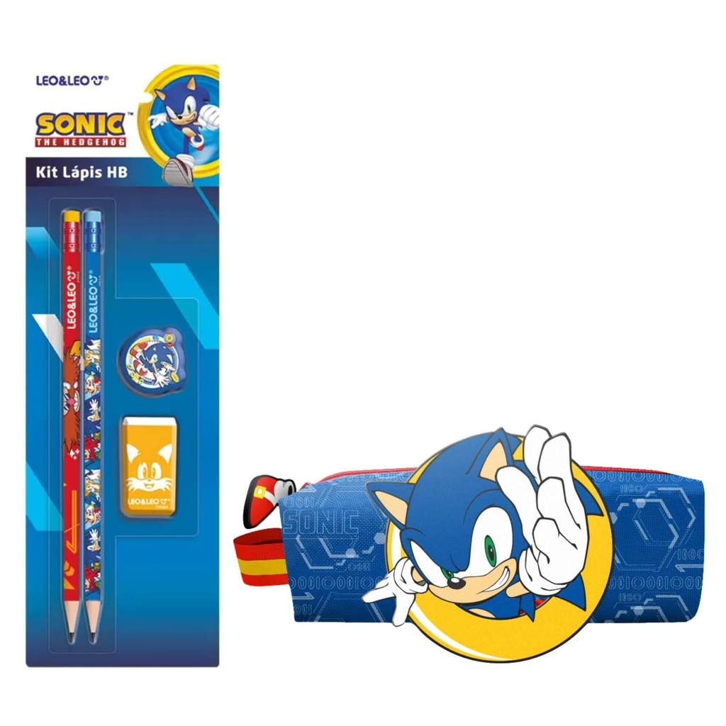 Kit Material Escolar Sonic 2 Lápis HB + Apontador + Borracha + Estojo Tubo c/ Patch em Oferta na Shopee