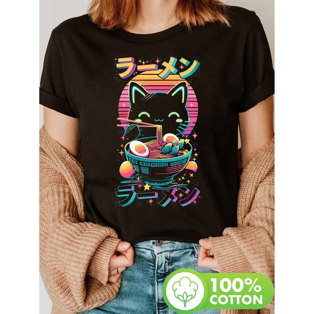BR.Moonlight Camiseta Anime Gato Ramen Colorido Gráfico Leve Oversized Confortável Divertida Estilosa Verão