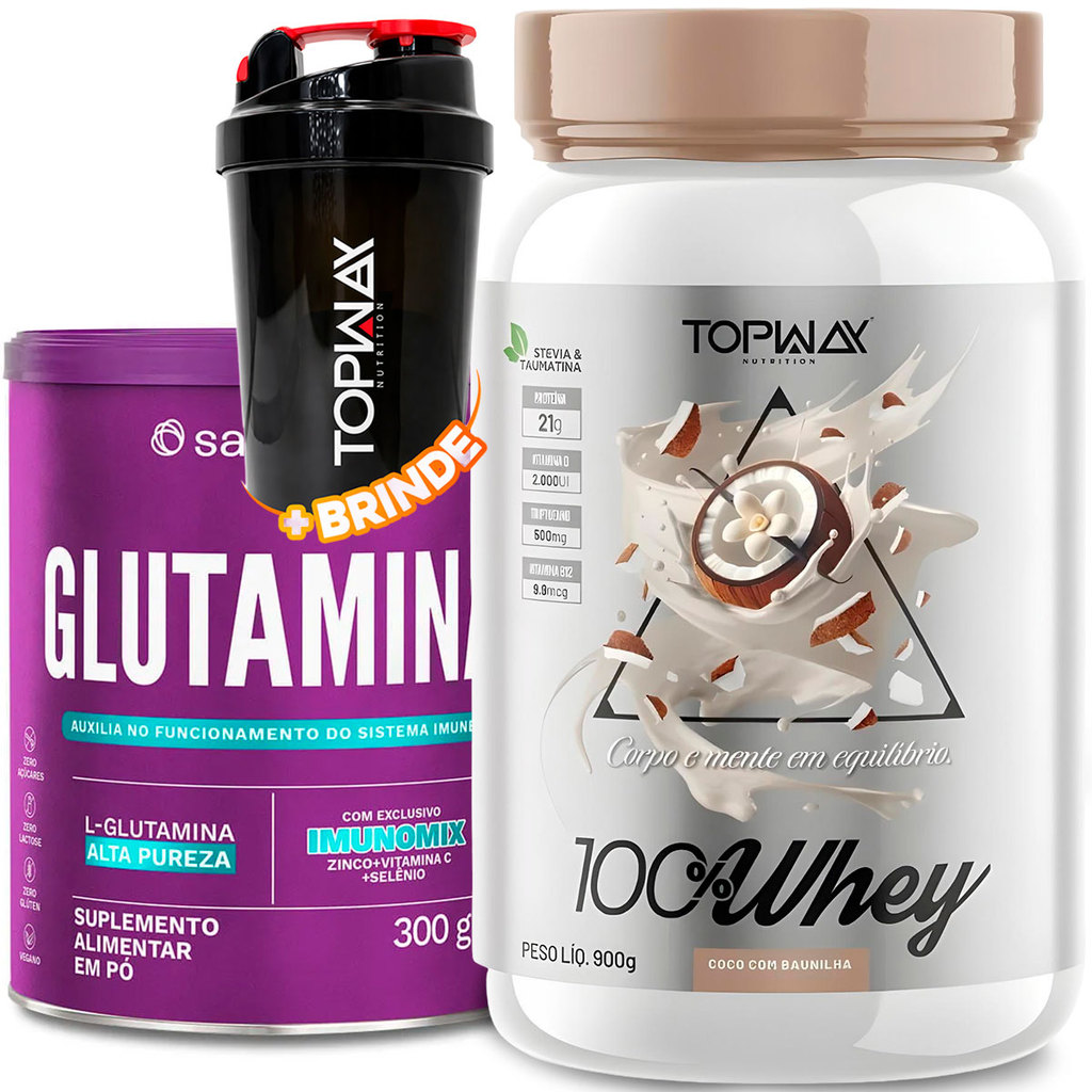 TopWay Suplemento Alimentar Whey Protein 900g + Glutamina em Pó 300g Imunomix + Coqueteleria 600ml