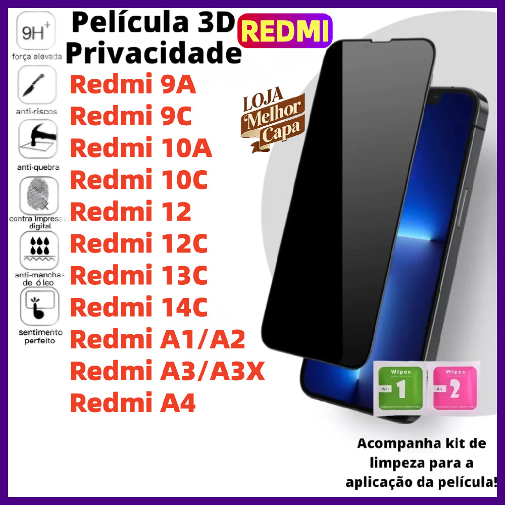 Película Para Xiaomi Redmi 13C 12 14C 12C 10C A3 9A 9C 10A A2 A3X A1 A4 4G 5G Macia Protetor Privacidade Anti Spy FKM em Oferta na Shopee