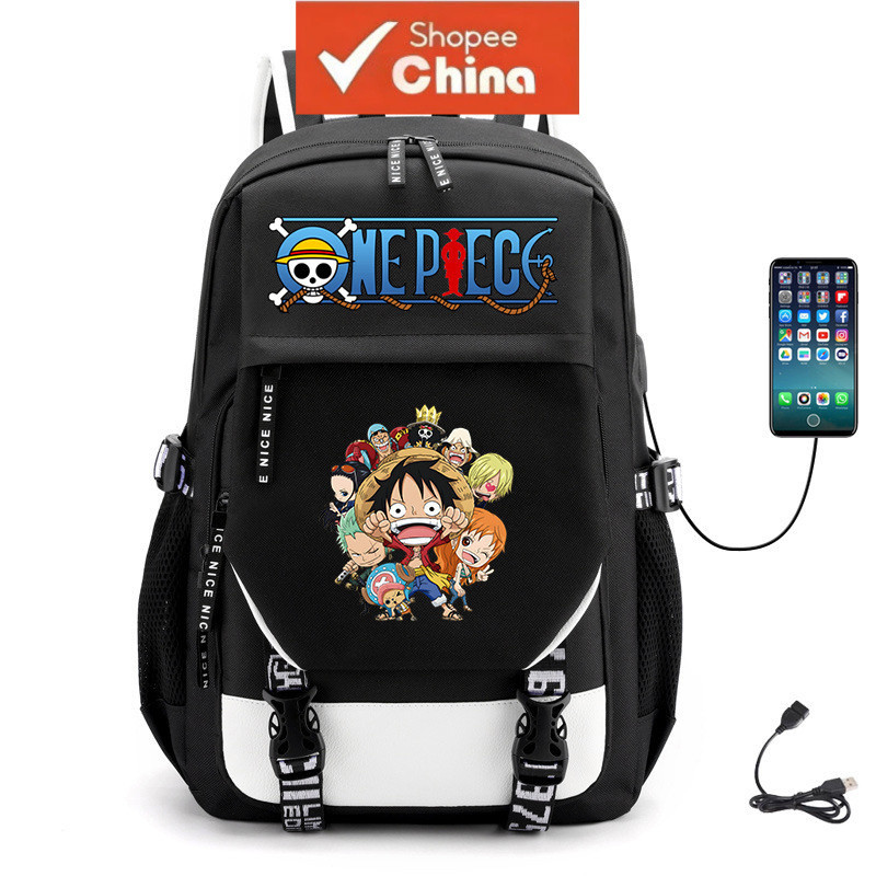 Mochila Escolar Infantil One Piece Luffy 43CM USB Impermeável para Meninos e Meninas, Mochila para Laptop Preto CQ6O