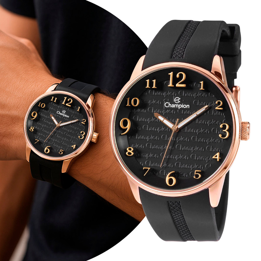Relógio Masculino Preto e Bronze com Pulseira de Silicone e Caixa de Aço Inoxidável Luxo Elegante Causual Champion