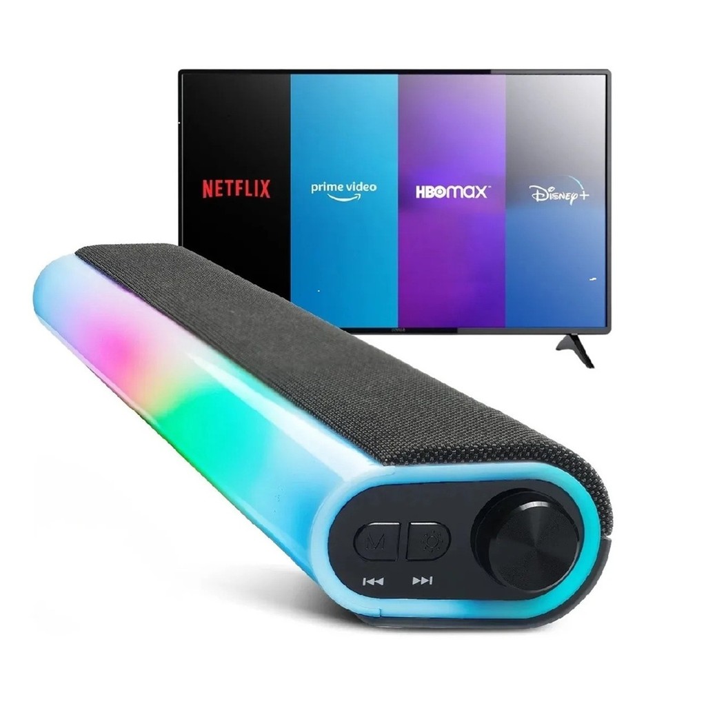 Soundbar Tv Speaker Caixa De Som Iluminação LED RGB Pc Note Computador P2 USB SD Aux P2