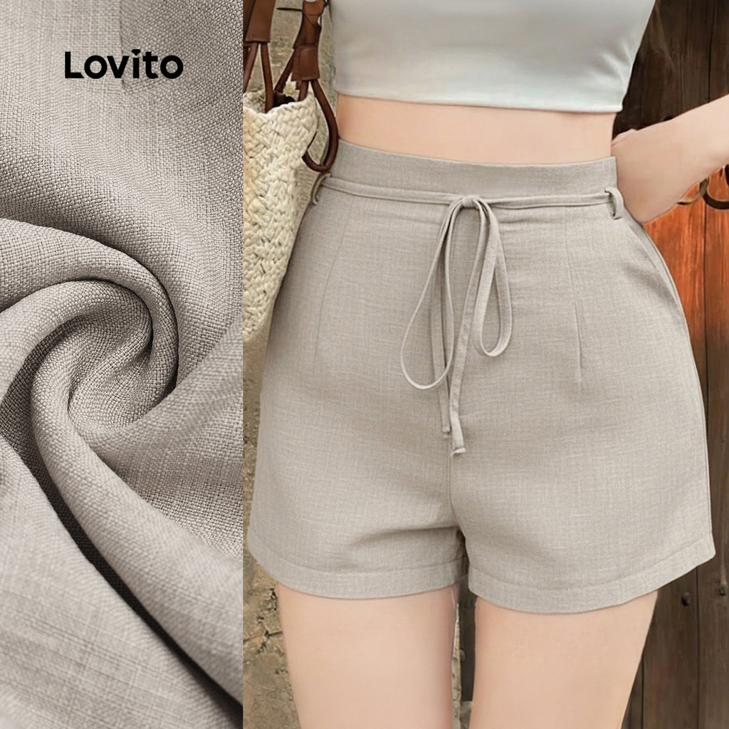 Lovito Shorts Casual Feminina Com Cinto E Zíper Cor Cáqui Para Todas As Estações