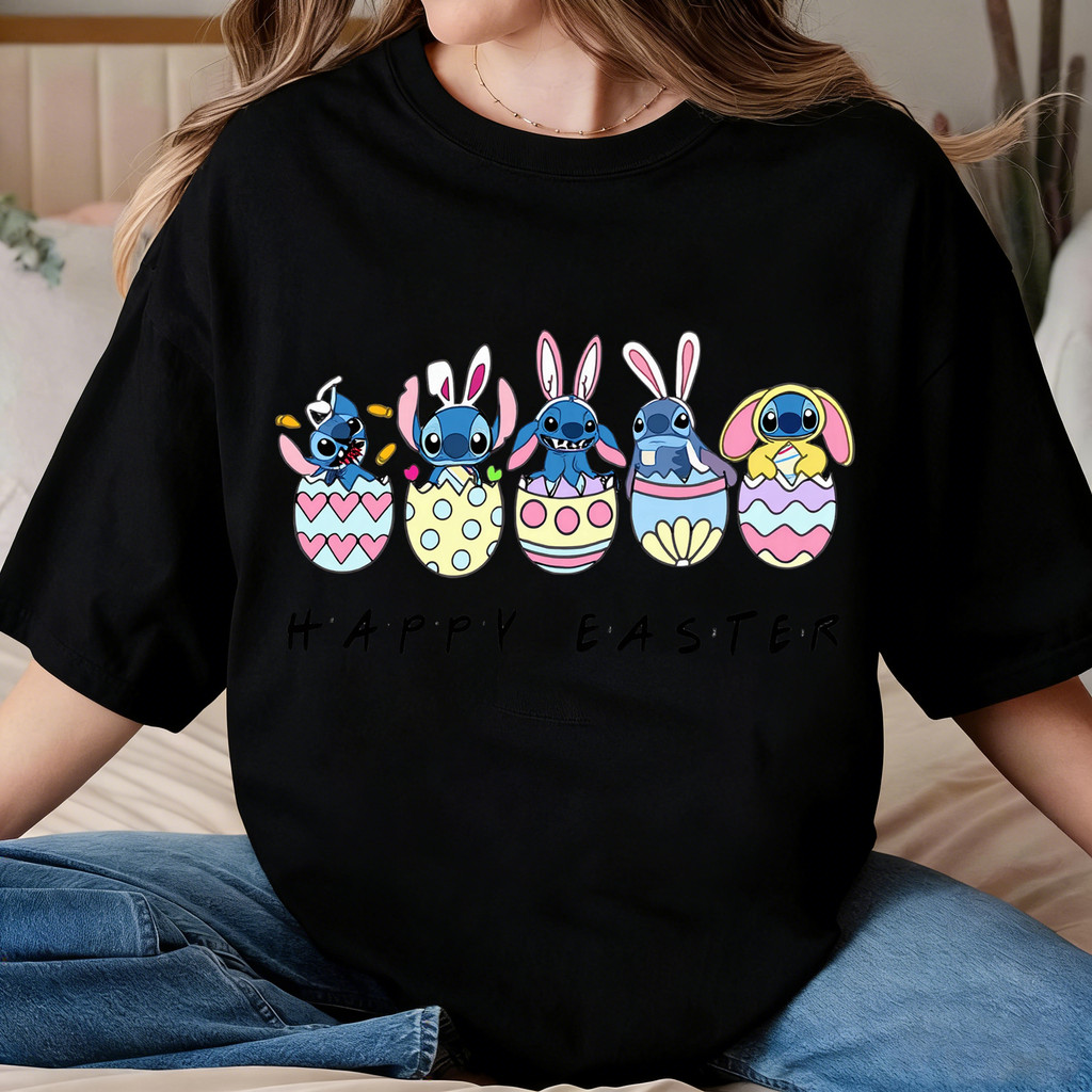 Camiseta Unissex Oversized Plus Size Feminina Masculina de Páscoa para Adultos  Personagens de Disney, Estampa  Stitch e