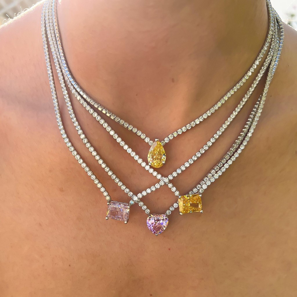 Colar de zircônia com banho de ouro verdadeiro, colar curto com zircônia em formato de coração rosa, colar de estilo lux