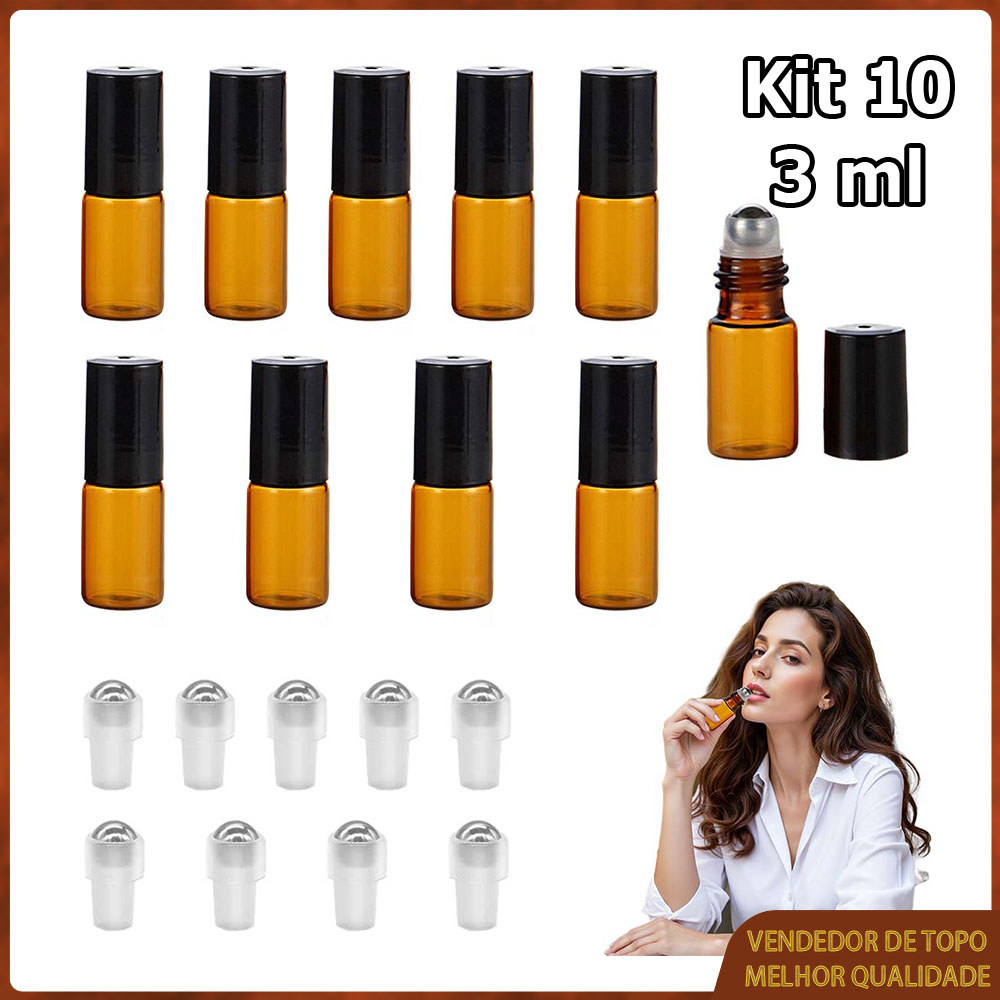 Kit 10 3ml Frasco roll-on para óleos essenciais vidro âmbar com tampa de plástico preta para óleos essenciais e perfumes