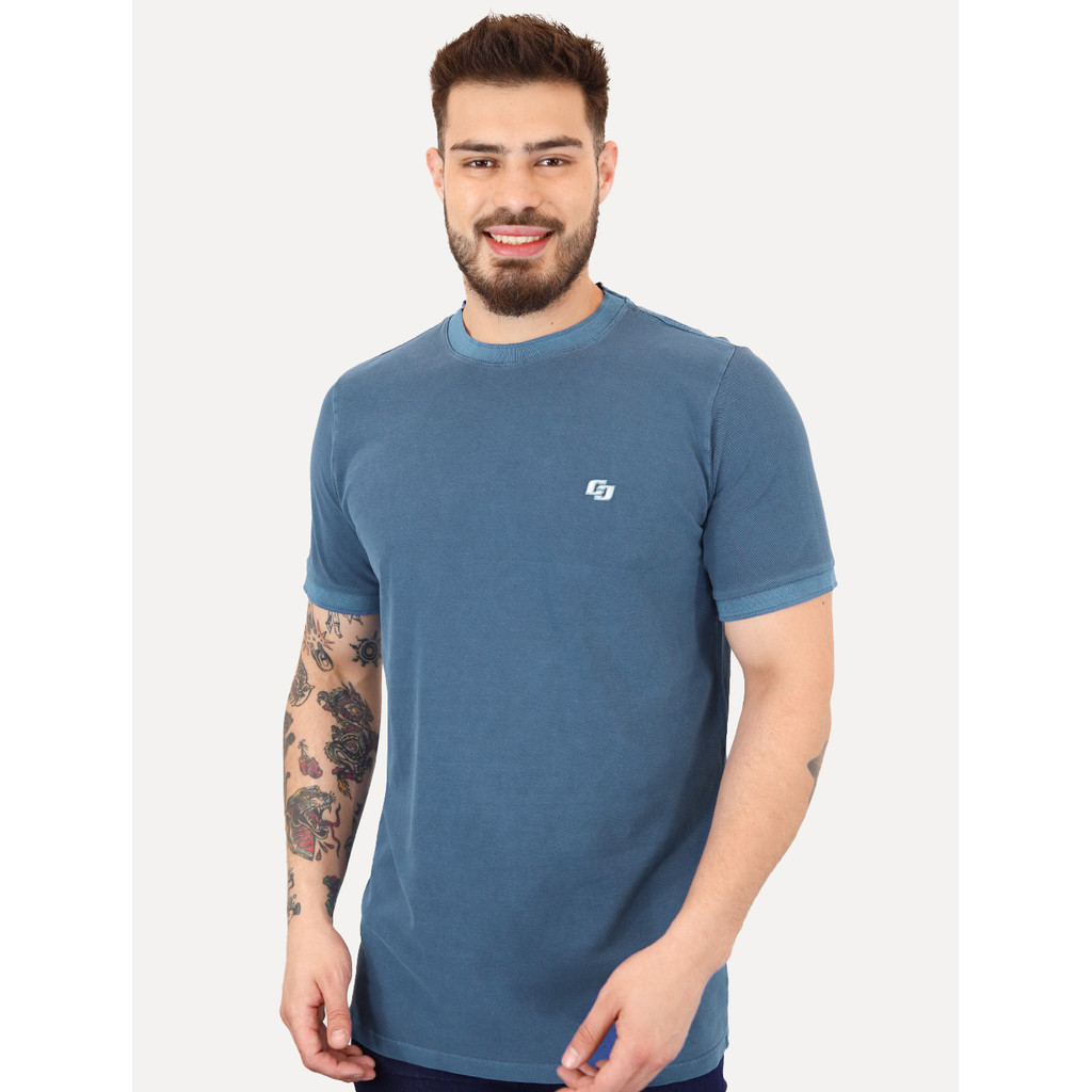 Camiseta Colcci Original Masculina Slim Crewneck Logo Bordado Azul