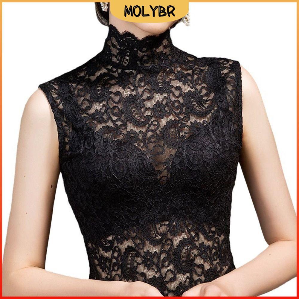 Regatas Florais MOLYBR , Camisa De Renda Vazada Com Gola Meia Alta , Colete Preto E Branco Sem Mangas