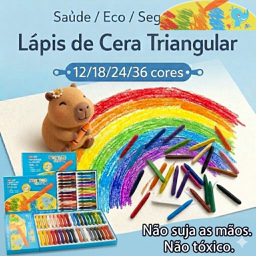 Kit Giz de Cera Triangular 12/18/24/36 Cores Lavável Atóxico Infantil Não Suja Mãos