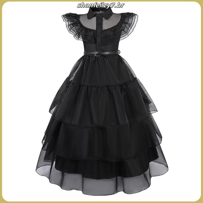 Quarta-Feira Adams Traje Halloween cosplay Fantasia Wandinha Addams Vestido Crianças Menina Festa De Princesa