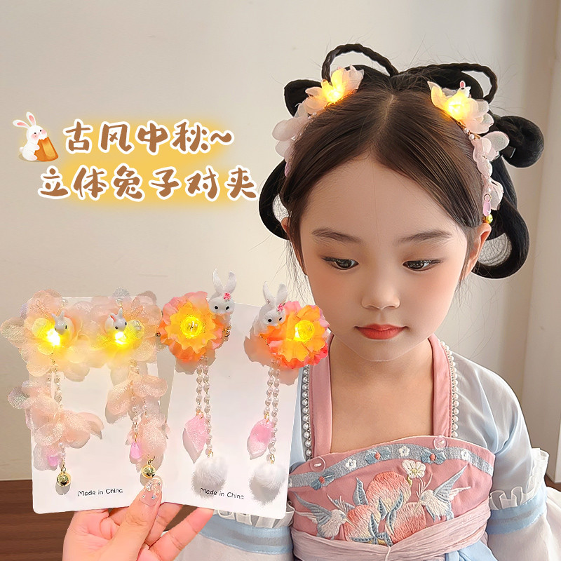 Crianças Mid-Autumn Festival Jade coelho hairpin antigo Hanfu menina luminosa orelha de coelho hairpin menina férias atm