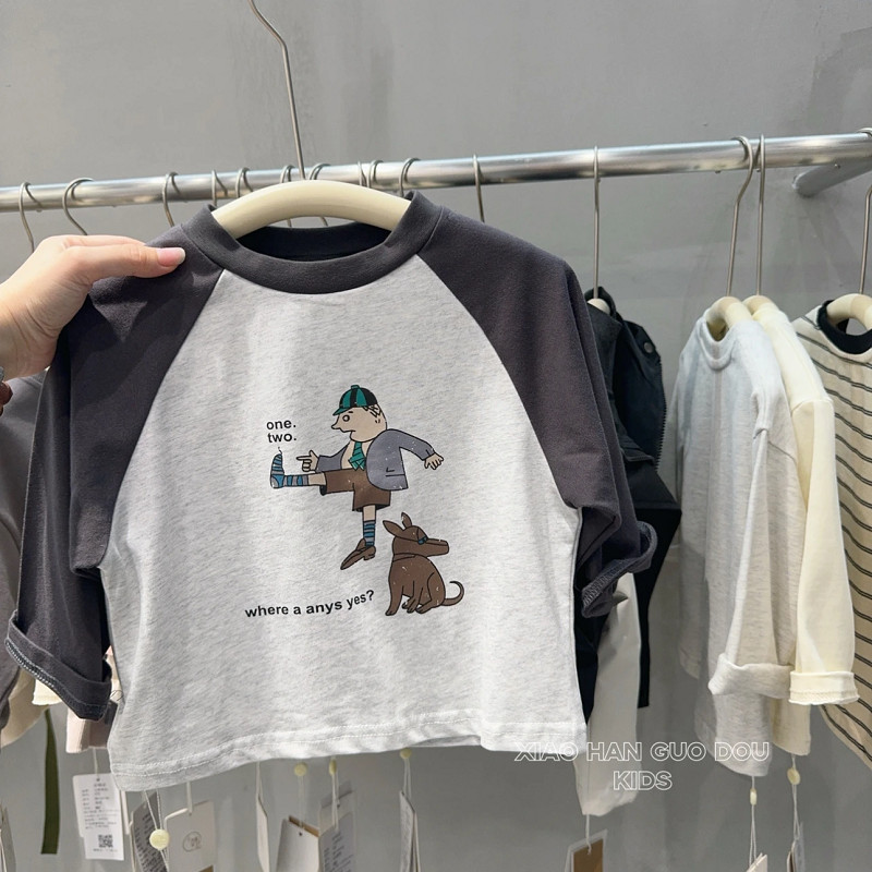 Crianças puro algodão Casual manga comprida camiseta outono novo estilo meninos meninas dos desenhos animados contraste 