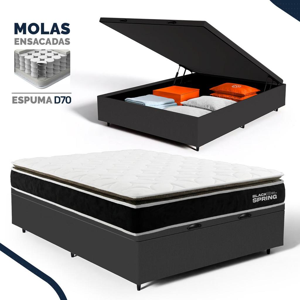 Cama Box Baú com Colchão de Molas Ensacadas Pillow Top Black Spring Topazio Casal 138cm