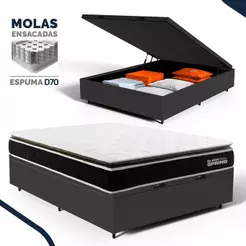 Cama Box Baú com Colchão de Molas Ensacadas Pillow Top Black Spring Topazio Casal 138cm