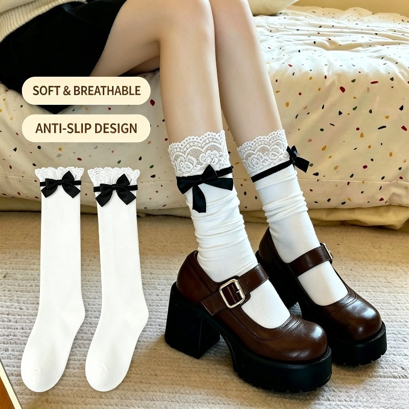 Estilo Japonês Meias Femininas JK Lolita Rendas Plissado Doces Meninas Kawaii Bowknot Joelho