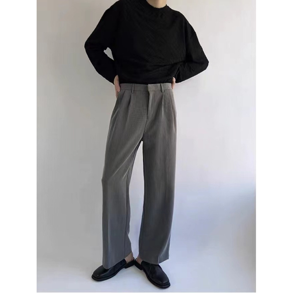 High-End cinza Drape calças masculinas não-ferro solto calças retas estilo Hong Kong primavera calças muito cintura alta