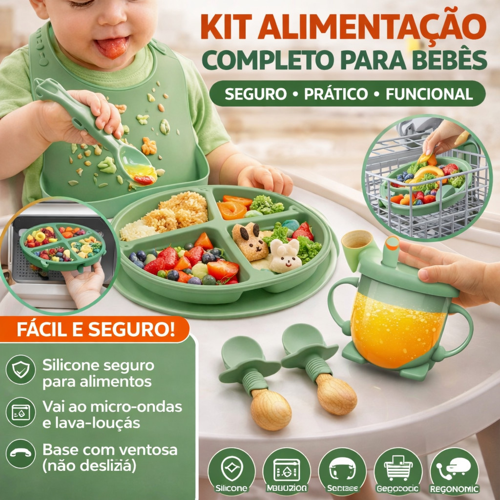 kit 8 Peças Talheres alimentação bebê silicone – Kit Talheres Infantil Com Ventosa Canudo Colher Babador Garfo