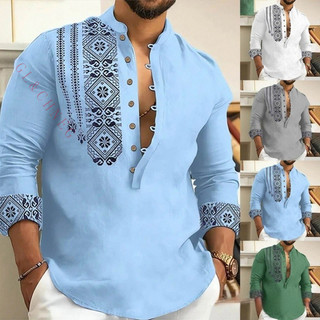 2023 Nova Camisa Masculina De Alta Qualidade Manga Comprida Botão Solto Henley Com Decote Em V Praia MTLA QIJX