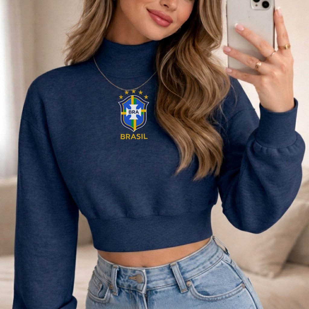 Blusa Feminina Moletom Semi Cropped Flanelado Gola Alta Ribana Minimalista Copa do Mundo Blusa Copa