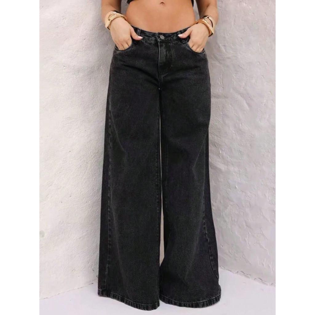 Calça Wide Jeans Preta Lisa Cintura Alta Corte Largo Moderno Moda Feminina. em Oferta na Shopee