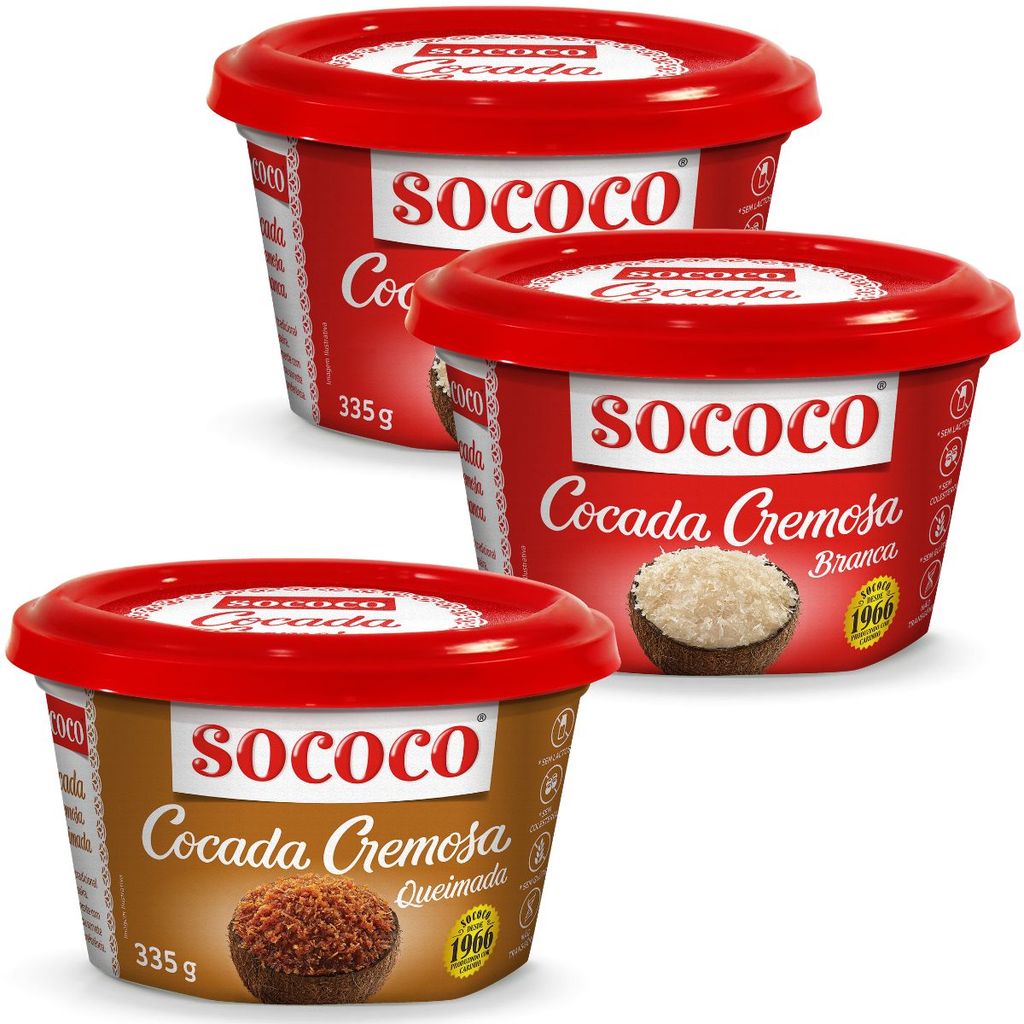 Pack 3un Cocada Doce Cremosa de Coco Branco e Coco Queimado Sococo 335g