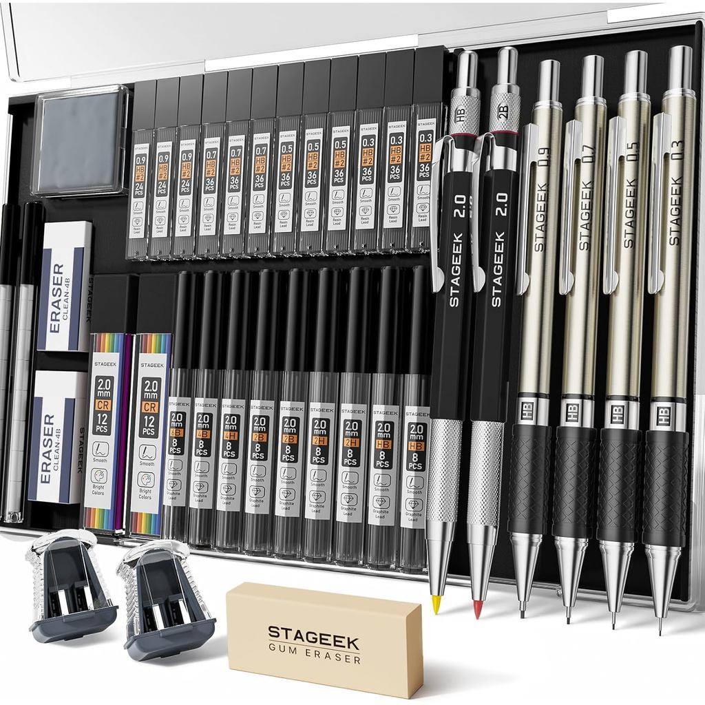 Conjunto de Lápis Mecânicos com Estojo, 37 Peças, Lápis de Desenho 0.3, 0.5, 0.7, 0.9MM e 2 Lápis de Esboço 2MM com 492