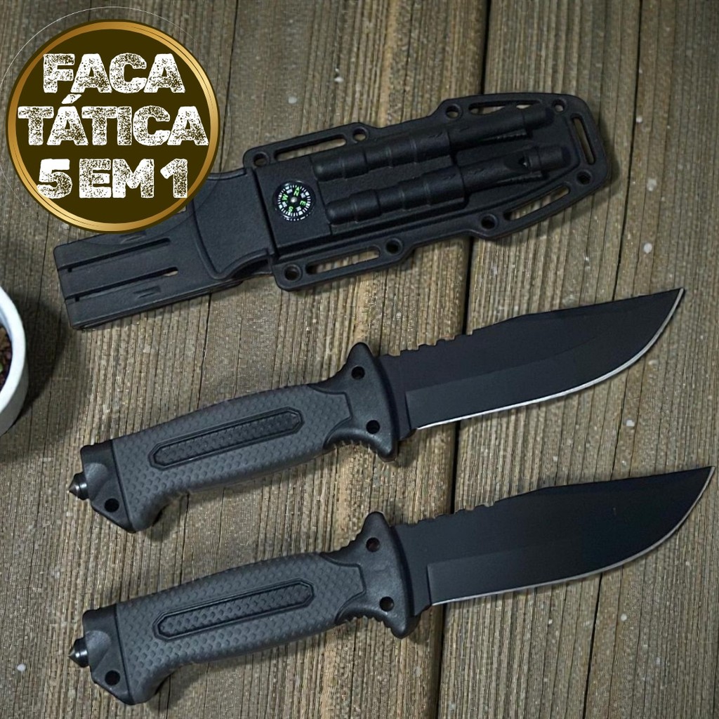 Faca Tática Sobrevivência Pesca Camping Punhal Quebra-Vidro Amolador Bússola Pederneira Cabo ABS Emborrachado Apito