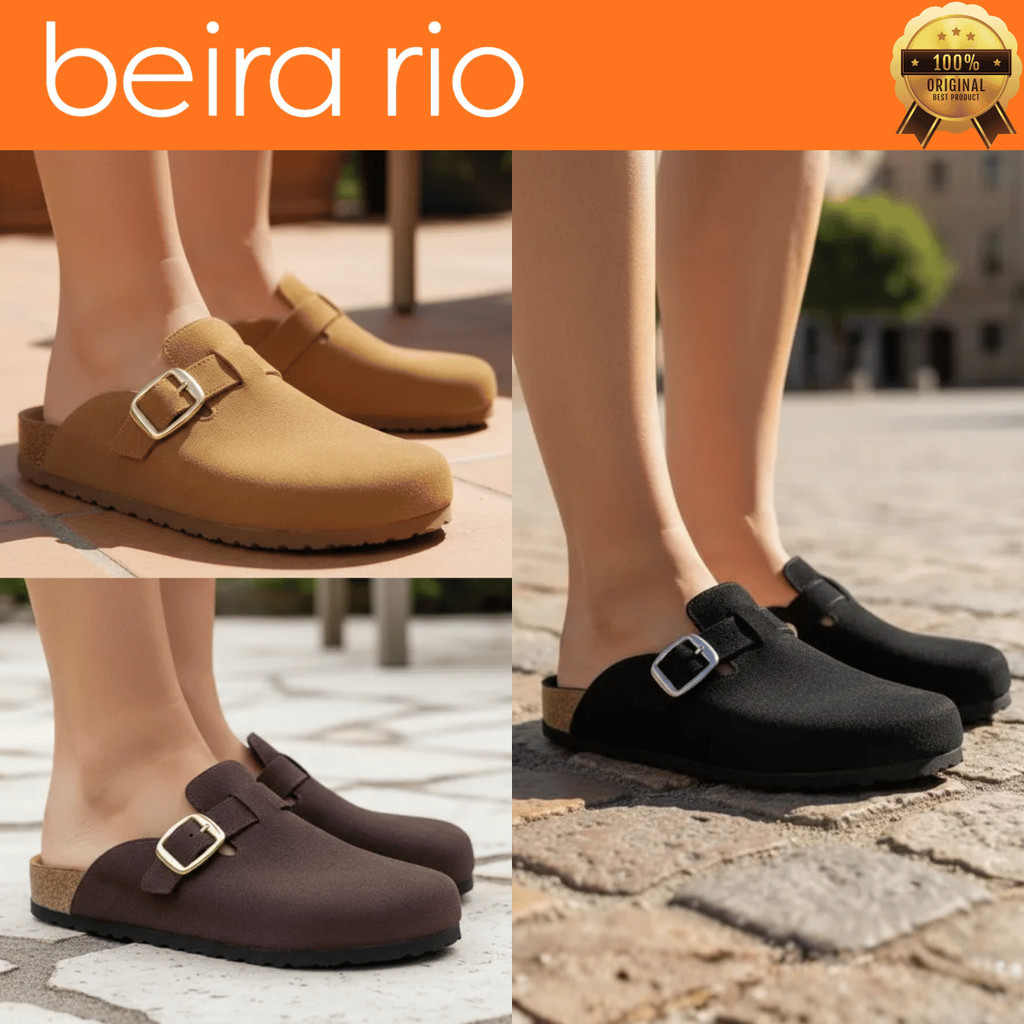 Clog Beira Rio Feminino Mule Papete Sandália Calce Fácil Conforto Camurça Fivela Dia a Dia Original