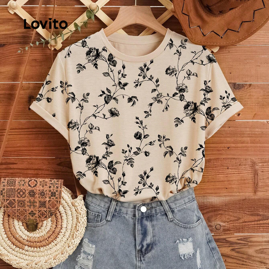 Lovito Camiseta Boho Colorblock primavera/verão camiseta preta e branca para mulheres LK3ED021