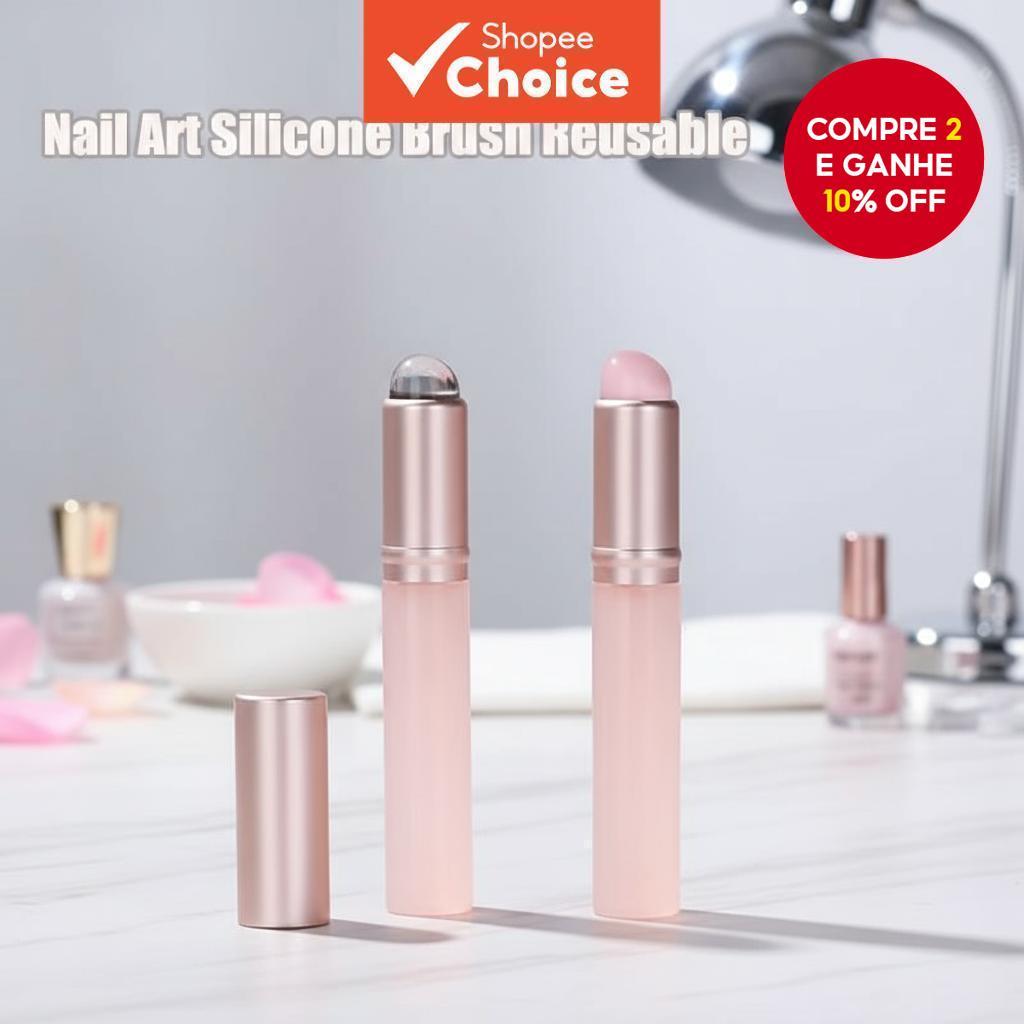 Pincel de arte de unha de silicone rosa para pó espelhado, aplicador reutilizável de pigmento, ferramenta de manicure em Oferta na Shopee