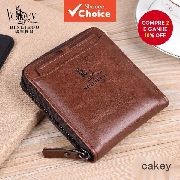 Carteira Binli Kangaroo RFID Masculina Curta De Couro Genuíno Porta Cartão Com Zíper Vertical