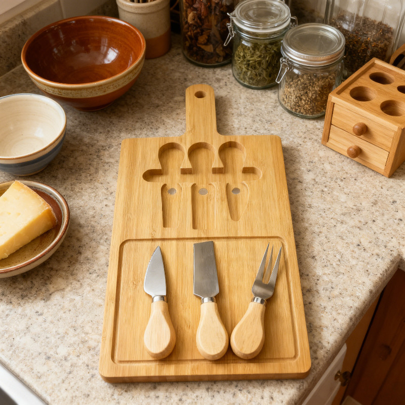 Tábua Petisqueira Para Queijo de Madeira/Com 3 Espátulas Inclusos para Servir Queijos e Frios--2042