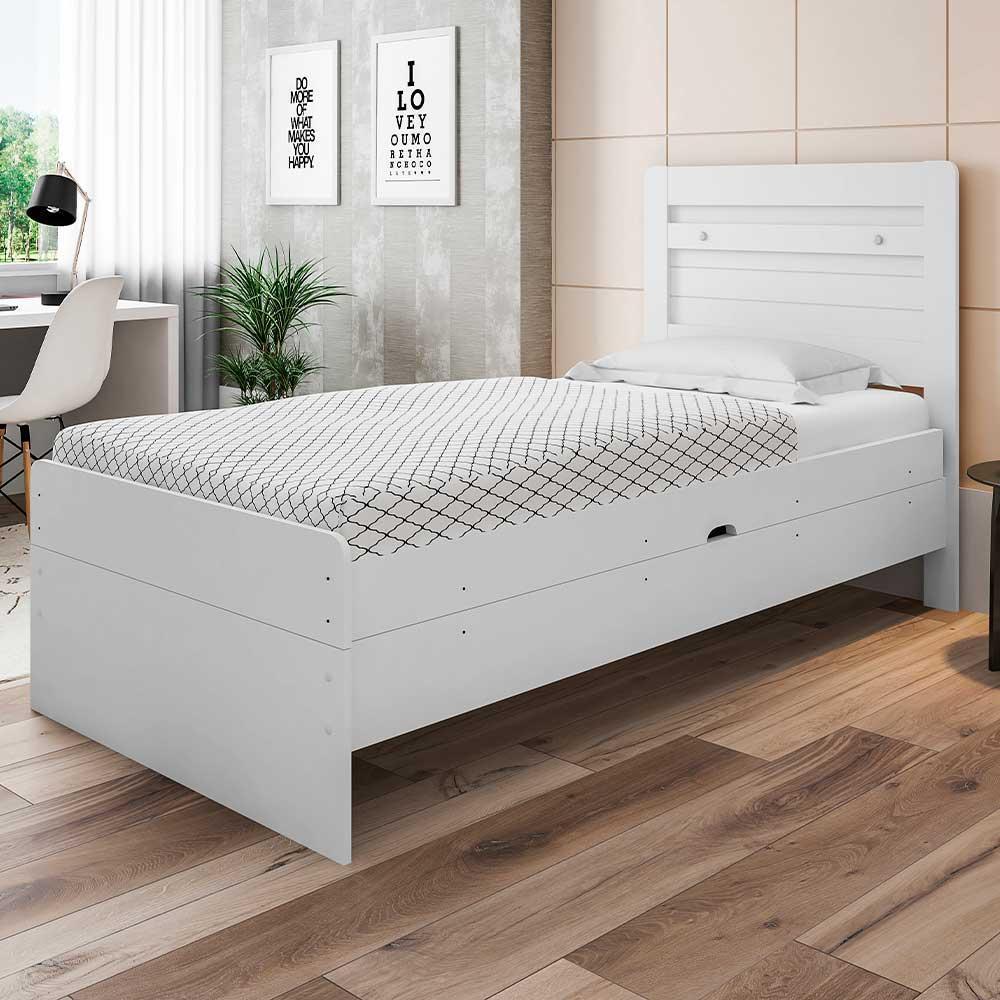 Cama Solteiro Branco com Baú 4 Repartições Larissa