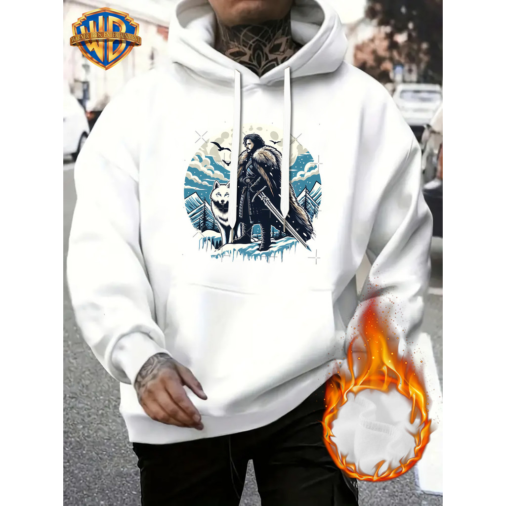 Moletom com Capuz Gráfica Jon Snow com Lobo de Gelo - Sweatshirt Pullover, Capuz Ajustável com Cordão, Ajuste Solto
