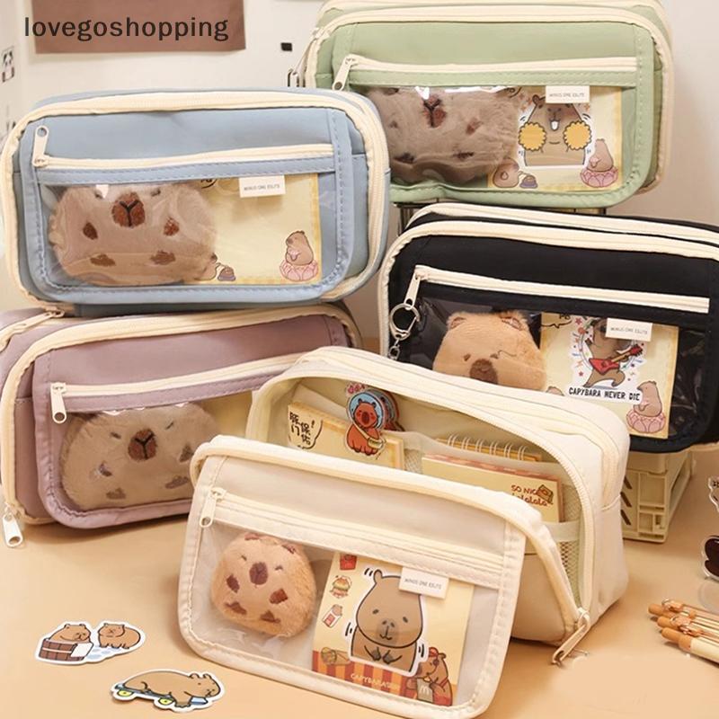 [lovego] Bolsa De Lápis De Grande Capacidade Capivara Cartoon Papelaria Com Broches Adesivos Clipes Chaveiros Estojo Par
