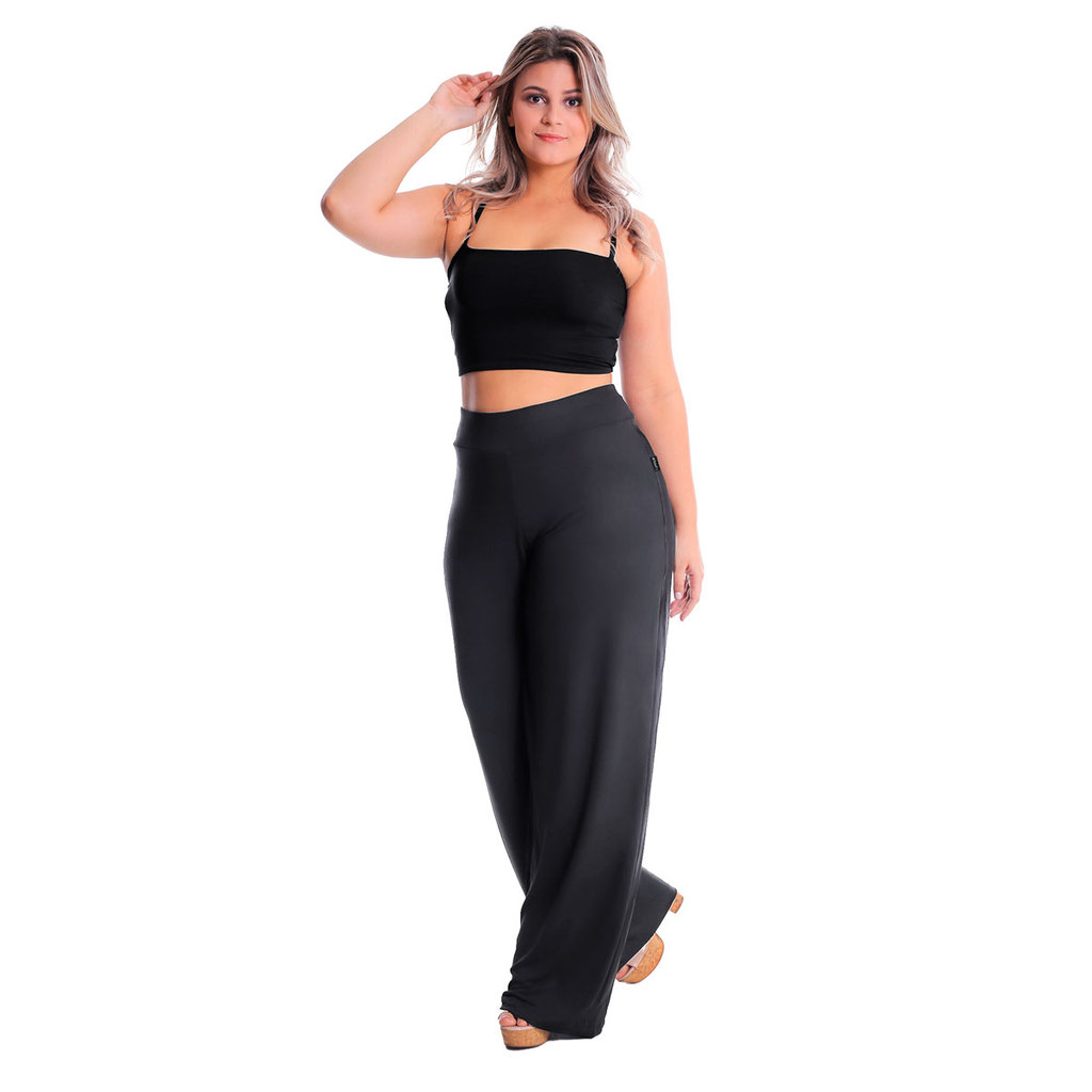 Detalhes do Calça Pantalona Cintura Alta Com Forro Plus Size Malha Viscolycra