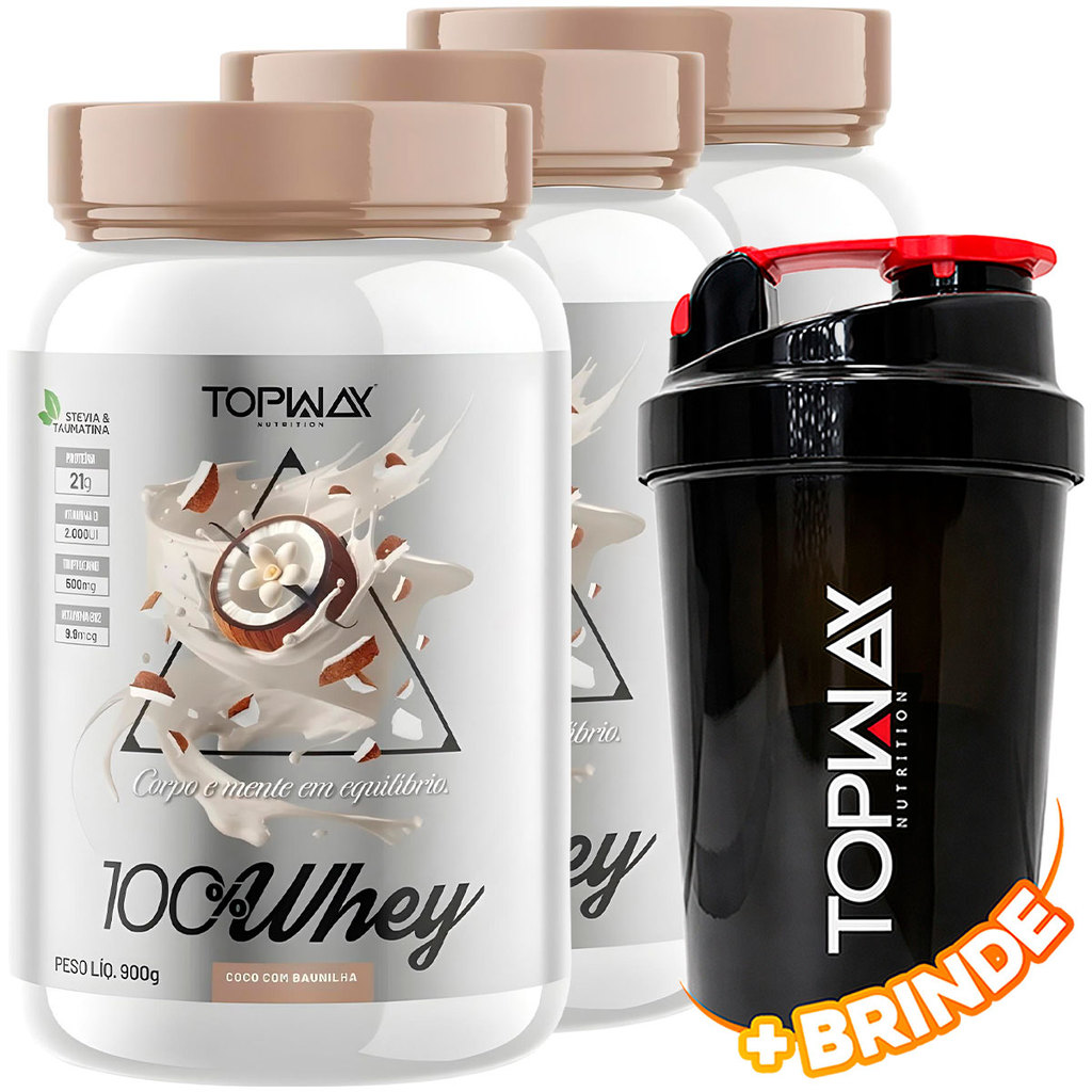 3x TopWay Suplemento Alimentar Whey Protein 100% 900g Coco com Baunilha Concentrado + Coqueteleira