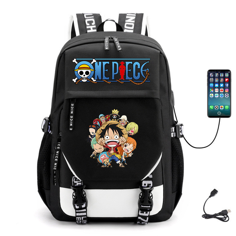 Mochilas Escolares Infantis One Piece Luffy 43cm Impermeáveis USB Meninos Meninas Estudantes Jovens Bolsa para Laptop 23