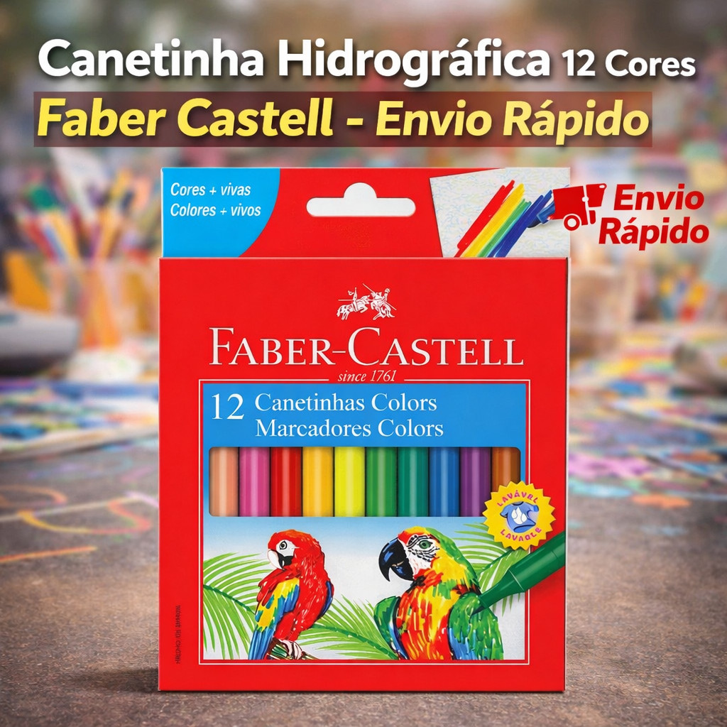 Canetinha Hidrográfica 12 Cores Faber Castell Original Lavável Ponta Média Estojo Escolar Infantil Envio Rápido