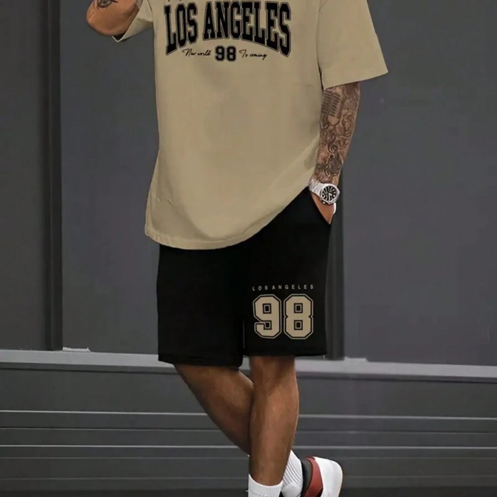 Kit Short E Camiseta Caqui Estilo Tumblr Moderno Los Angeles New World Conjunto Masculino Casual Roupa Confortável Dia