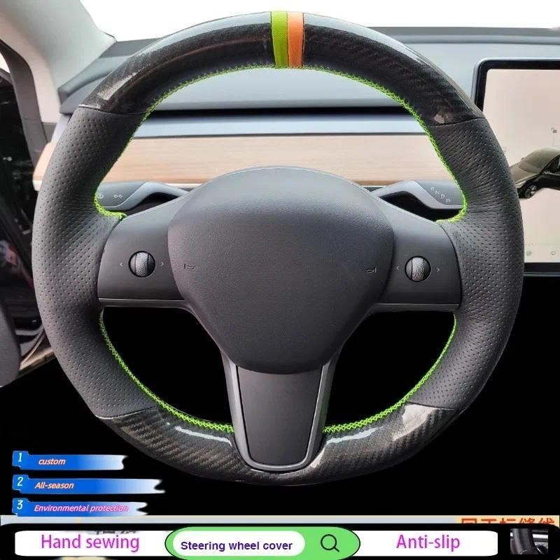 Para O Modelo 3 S Y X Costurado À Mão Preto Couro Genuíno Fibra De Carbono Volante Do Carro Coverauto Peças Decoração