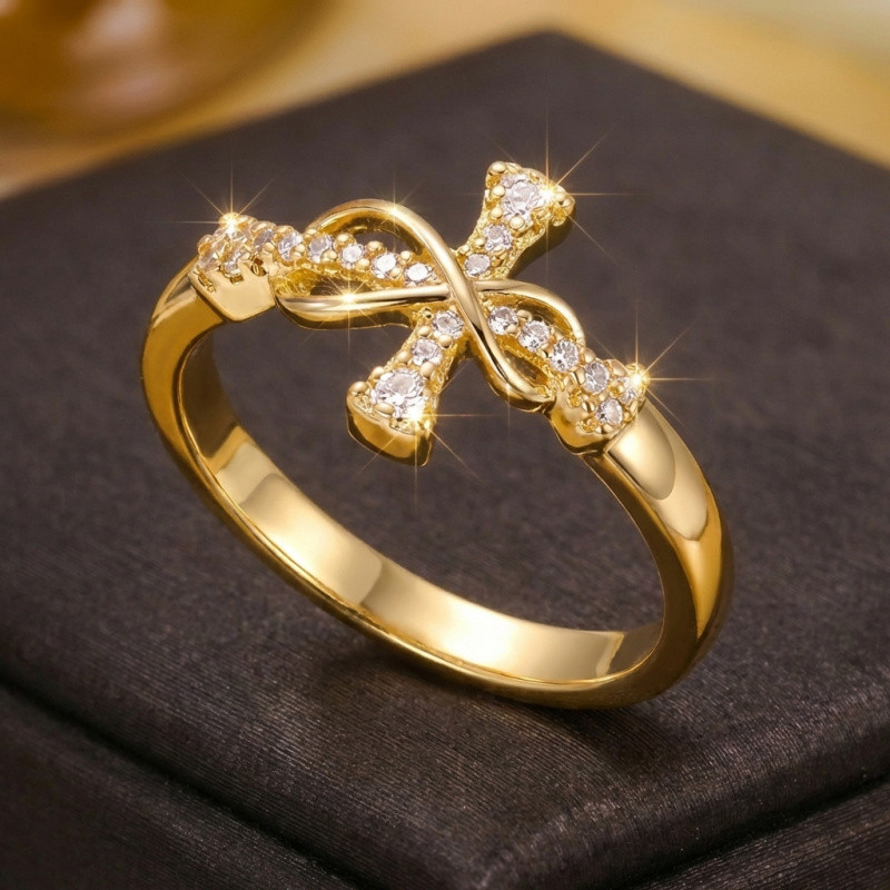 [Zircônia Cúbica e Cobre Dourado] Anel Elegante com Nó Infinito, Pavê de Zircônia Cúbica, Presente Significativo para o