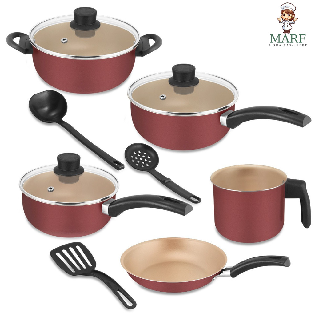 Conjunto de Panelas Antiaderente 8 Peças + Espátulas - Teflon Premium 5 Camadas com Tampa de Vidro – MARF em Oferta na Shopee