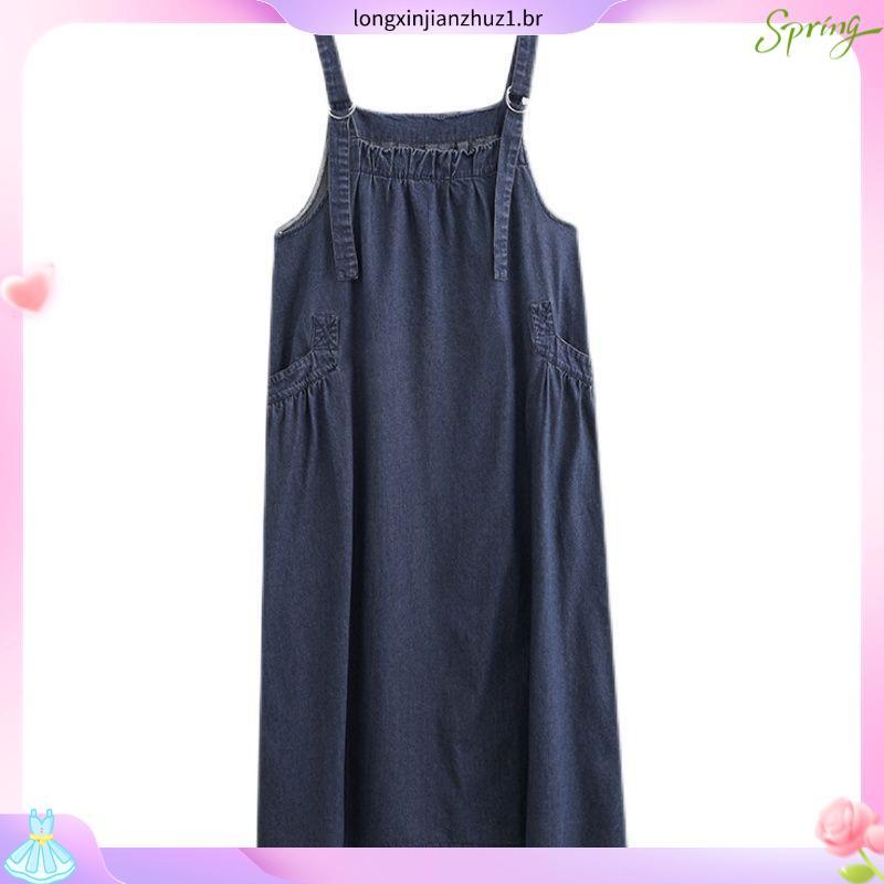 [YAR] Vestido Jeans Feminino Solto Sem Mangas Boho Jean Jumper Com Bolsos Avental De Bainha Larga Alça Ajustável