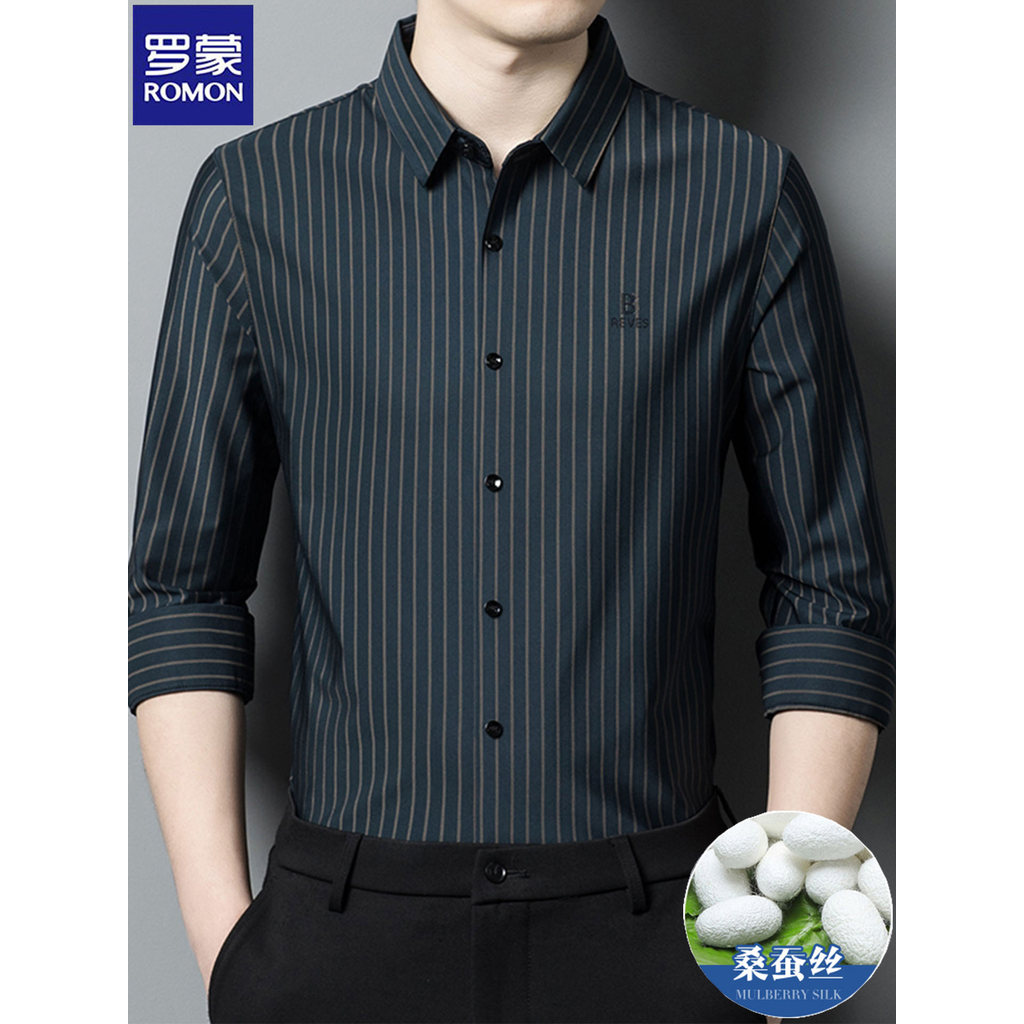 Lomon 2026 primavera outono amoreira seda listrado camisa de manga comprida masculina de meia-idade negócios Casual High