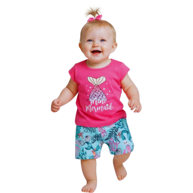 Conjunto Verão Bebê Infantil Menina Blusa Em Cotton E Shorts Estampado
