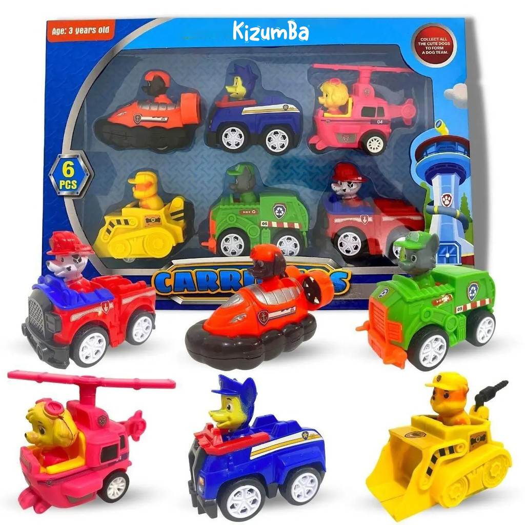 Kit 6 Carrinhos Patrulha Canina  De Friccao Colecao Chase Marshall Skye Rubble Rocky Zuma Kizumba