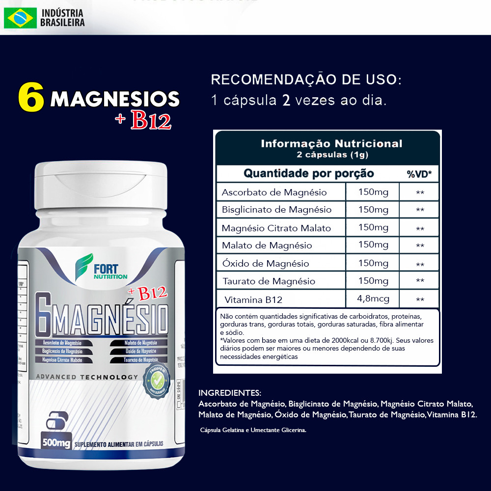 Complexo 6 Magnésios vitamina B12 500mg Caps Alta Absorção Original Malato óxido ascorbato citrato