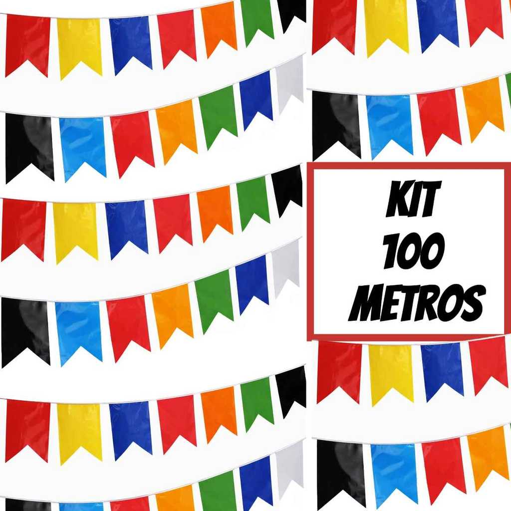 Kit até 100 metros Bandeirinhas Festa Junina Plástico Decoração São João Bandeirola Colorida